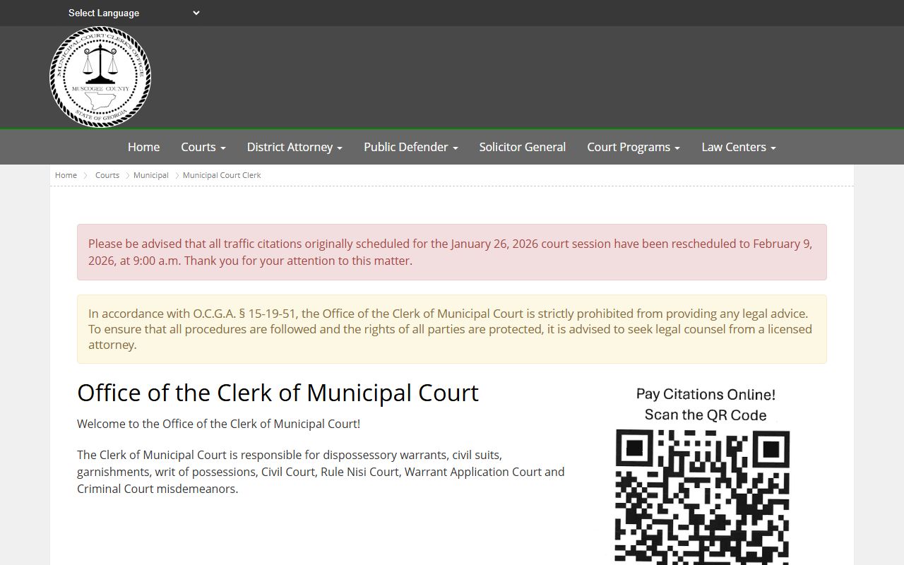 Columbus phone directory Municipal Court Clerk page