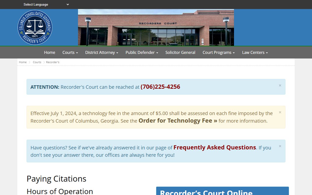 Columbus phone directory Recorder's Court information page