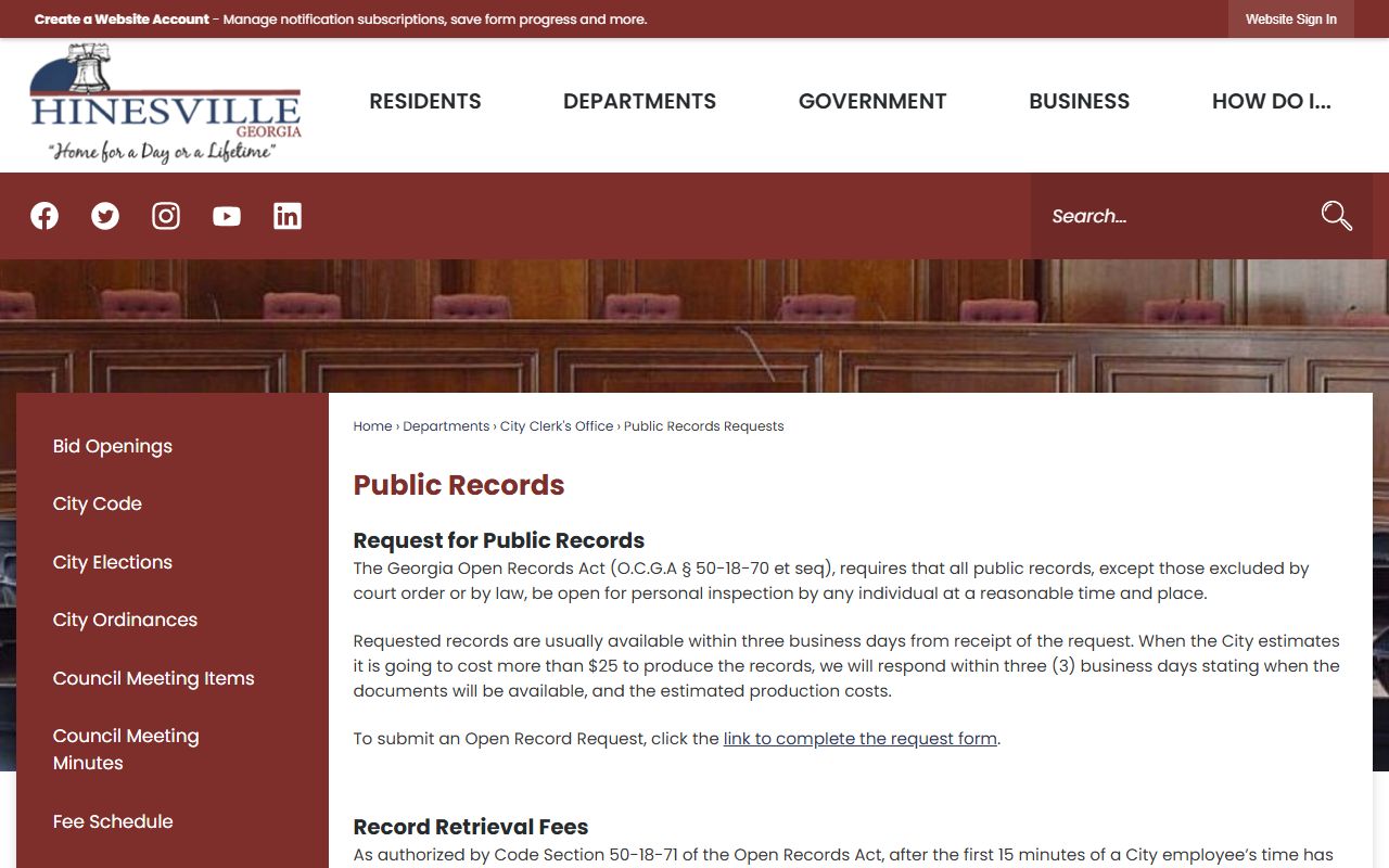 Hinesville open records request page Georgia phone directory