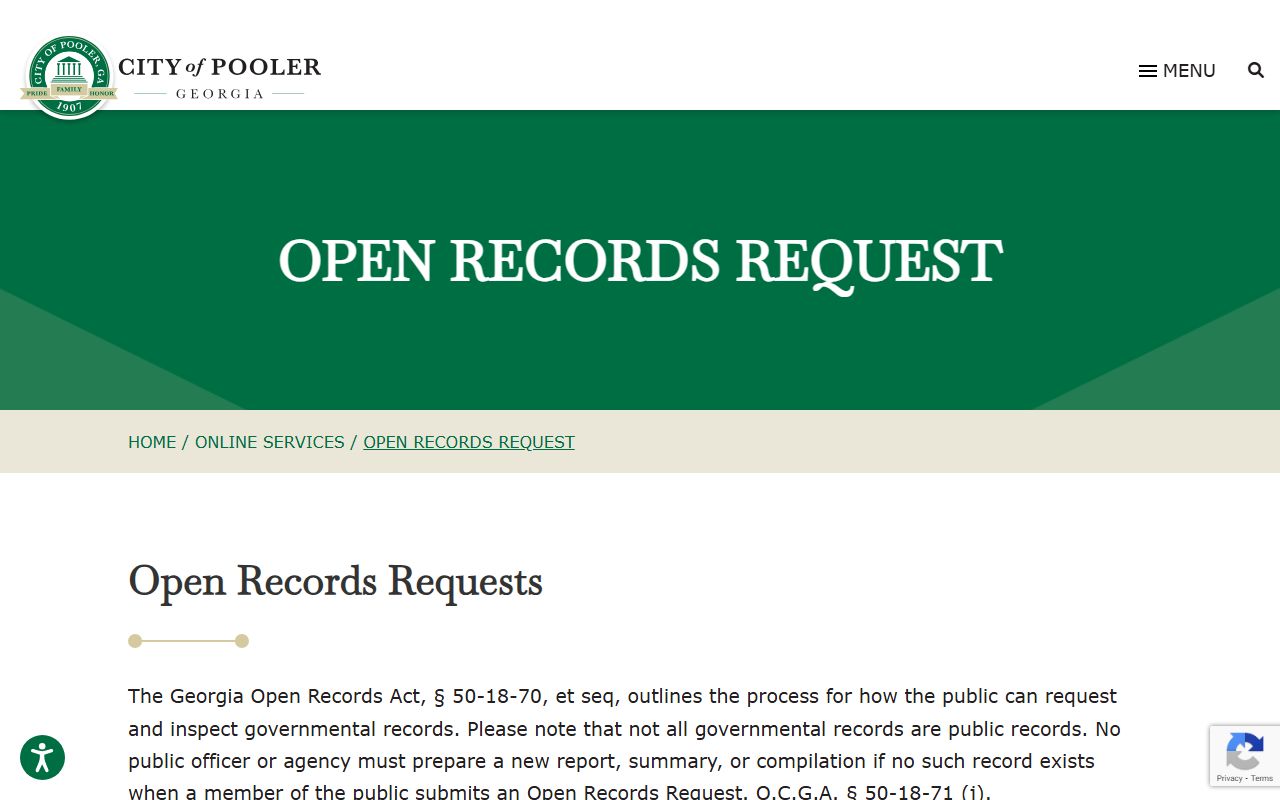 Pooler open records request page showing city phone directory and public records submission process