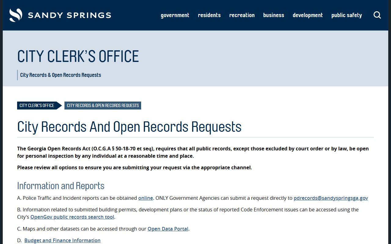 Sandy Springs phone directory open records request page