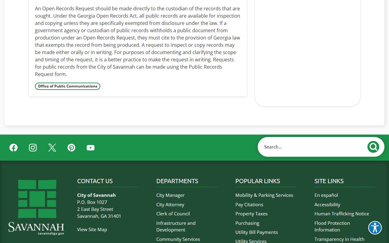 Savannah phone directory FAQ page for records requests