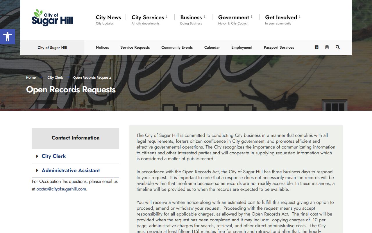 Sugar Hill open records request page showing the city phone directory and records submission process
