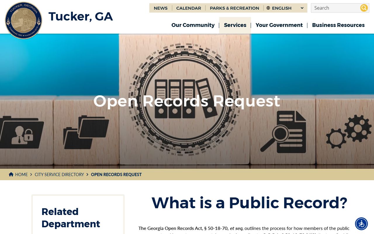 Tucker open records request page showing the city phone directory and public records submission process