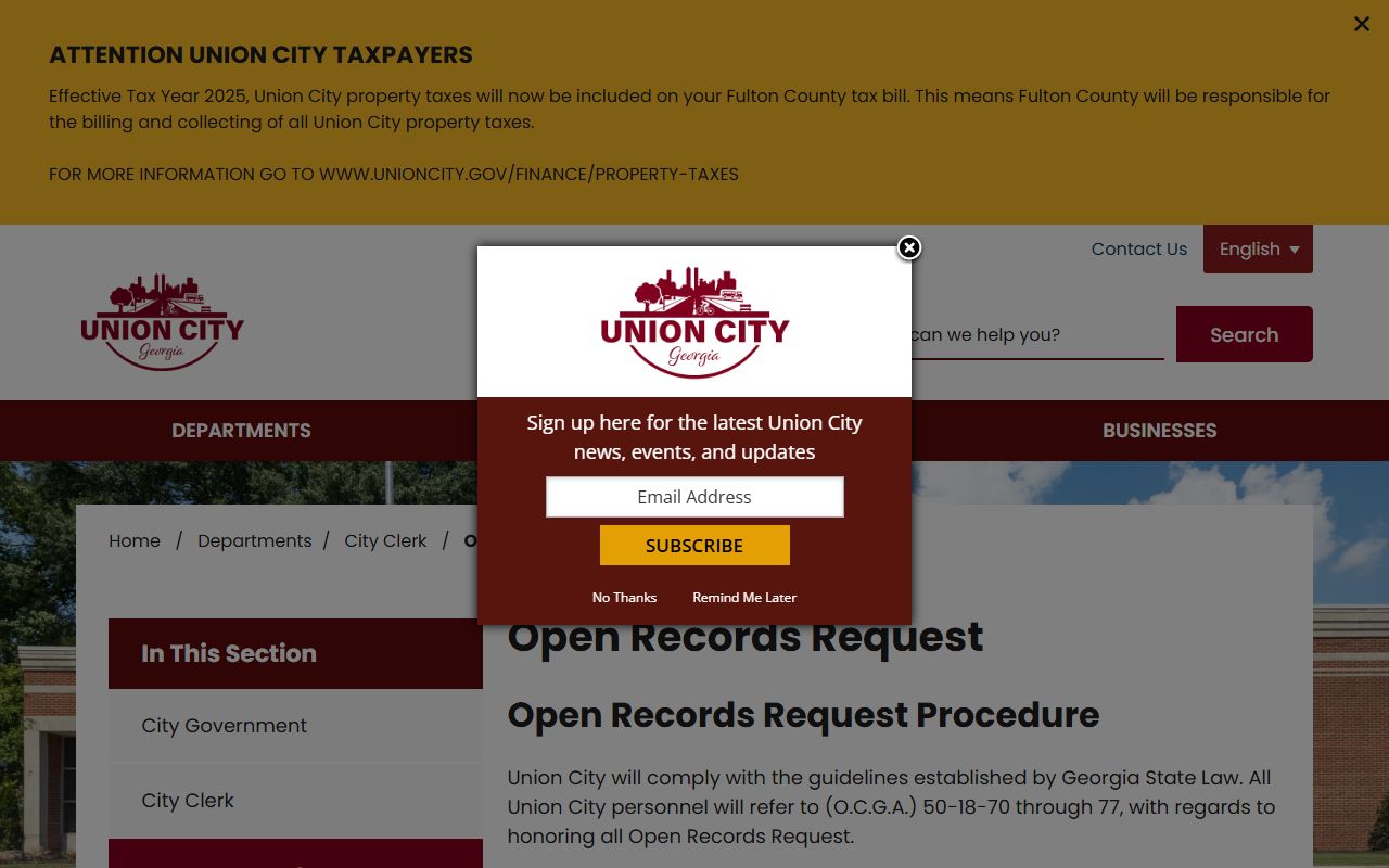 Union City open records request page showing the city phone directory and public records submission process