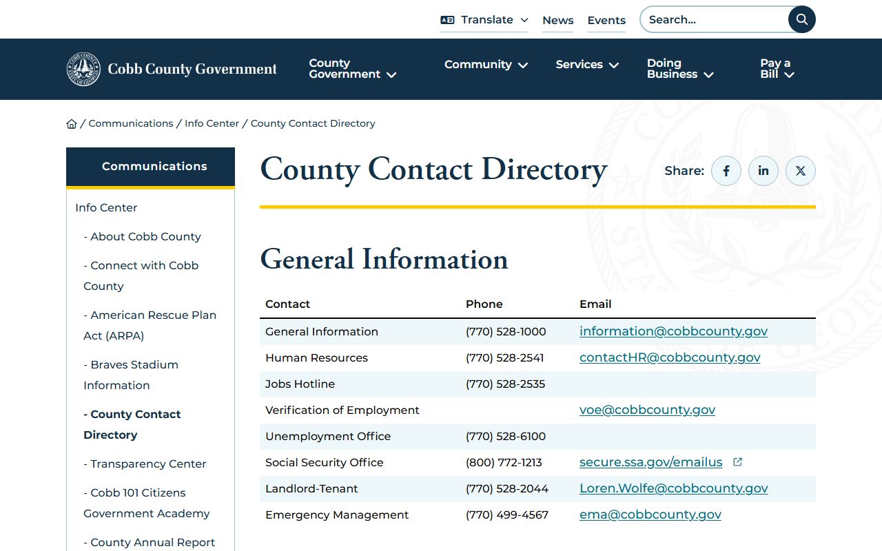 Cobb County contact directory page Georgia phone directory