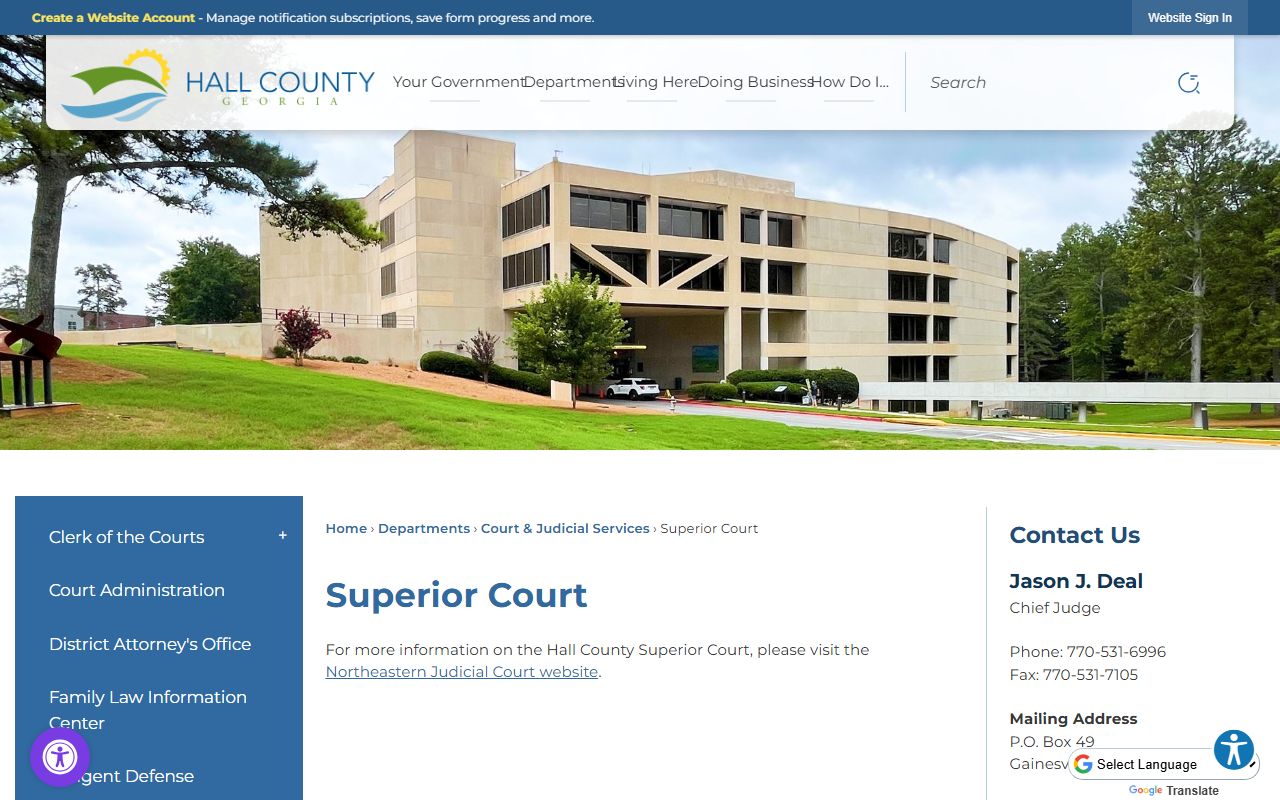 Hall County Superior Court page on the county government website in the Georgia phone directory