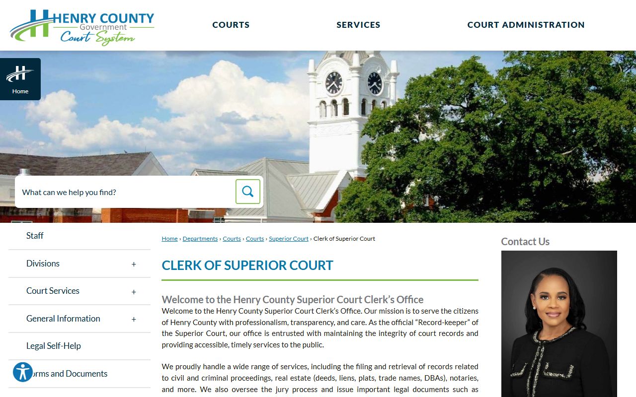 Henry County Clerk of Superior Court page showing contact information and services for the Henry County phone directory
