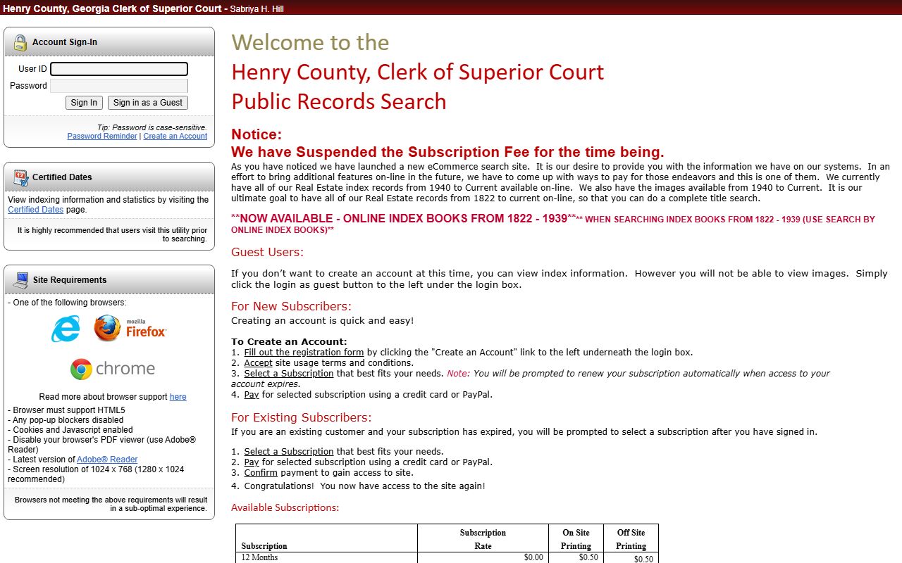 Henry County online records search login page in the Georgia phone directory