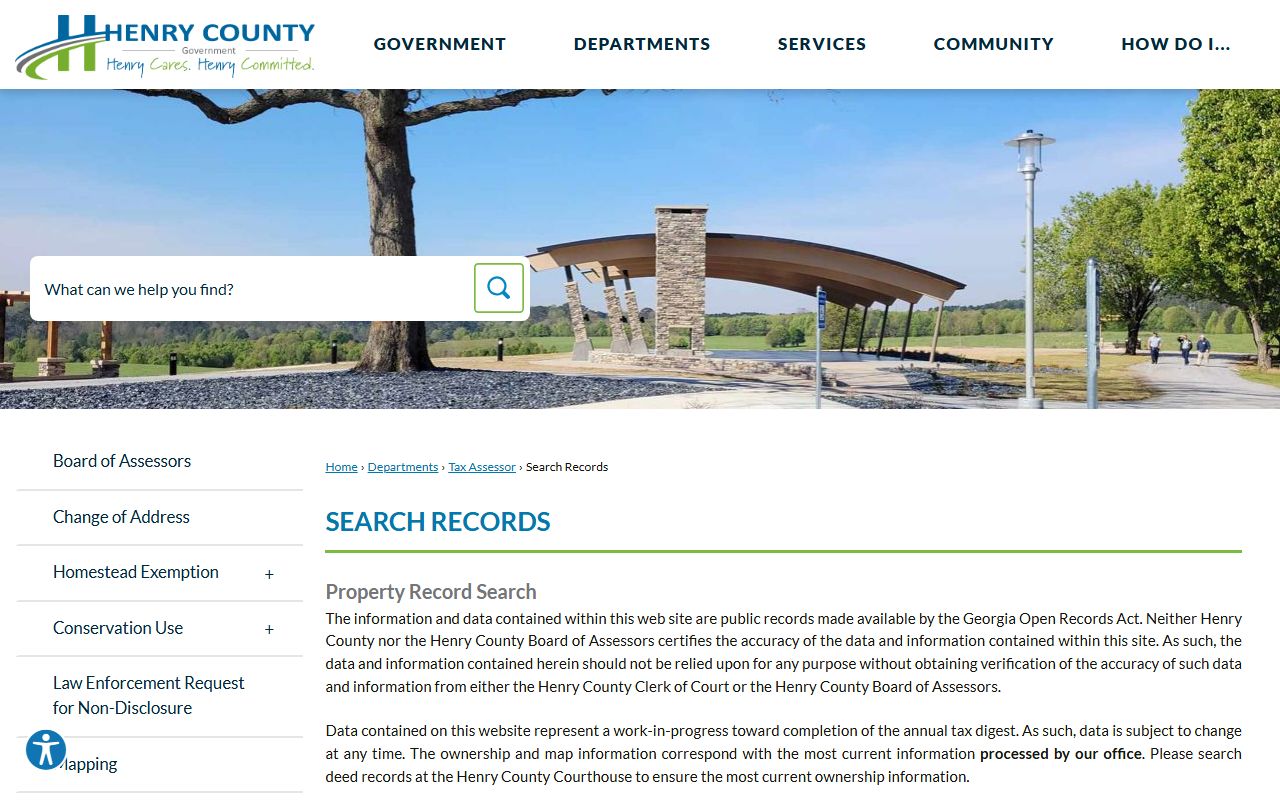 Henry County search records page with links to online databases in the Georgia phone directory